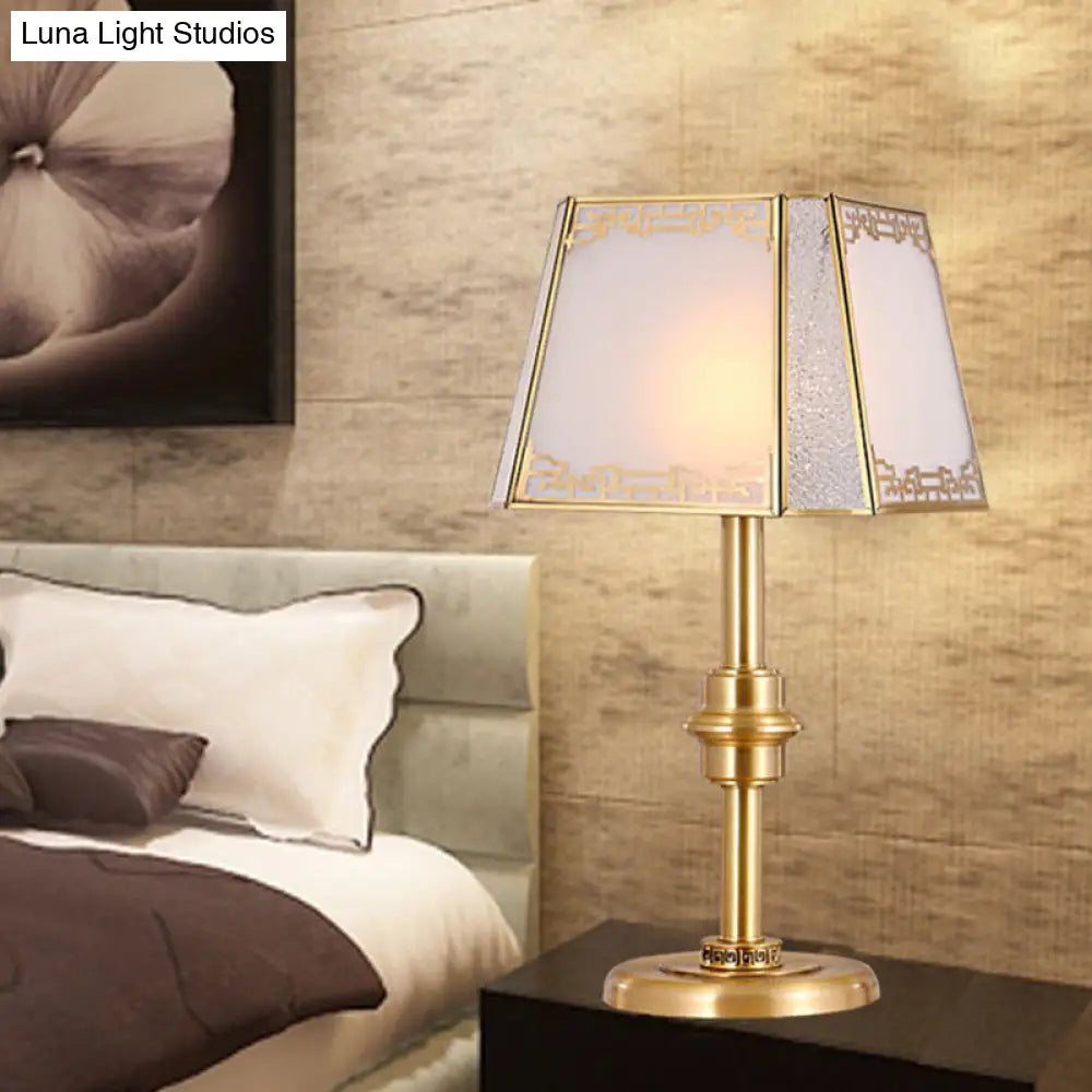 Gold Frosted Glass Trapezoid Table Lamp With Colonial 1-Head Bedside Night Light