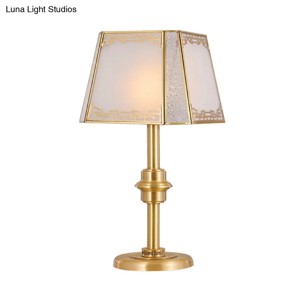 Gold Frosted Glass Trapezoid Table Lamp With Colonial 1-Head Bedside Night Light