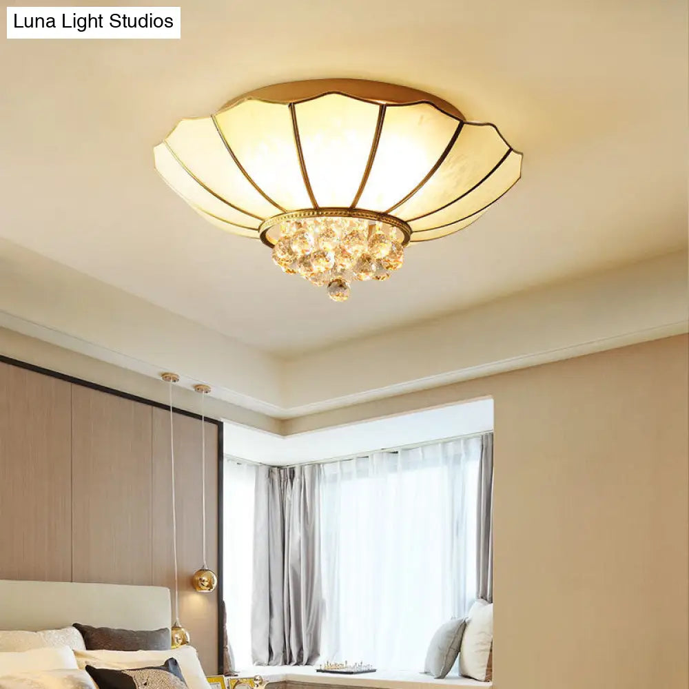 Gold Frosted Glass Umbrella Flush Light With Crystal Orbs / 25.5