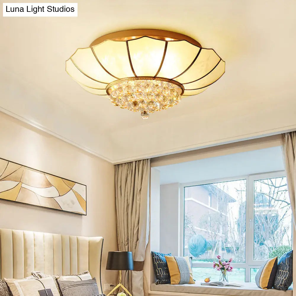 Gold Frosted Glass Umbrella Flush Light With Crystal Orbs