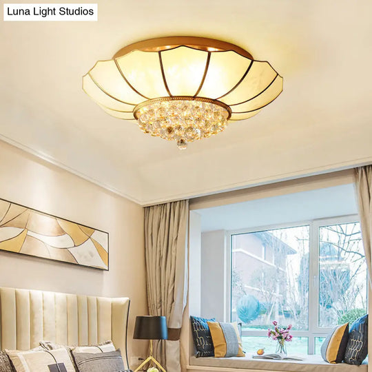 Gold Frosted Glass Umbrella Flush Light With Crystal Orbs