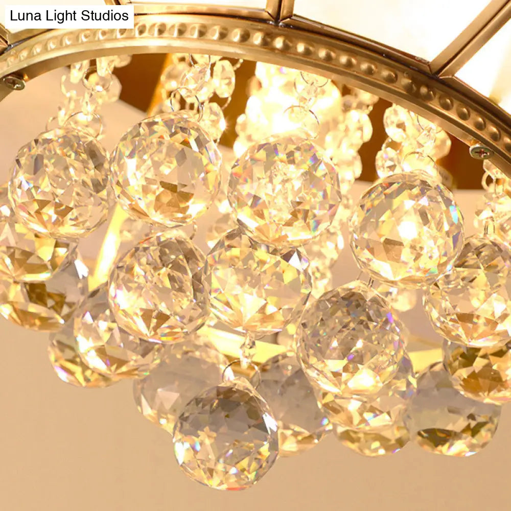 Gold Frosted Glass Umbrella Flush Light With Crystal Orbs