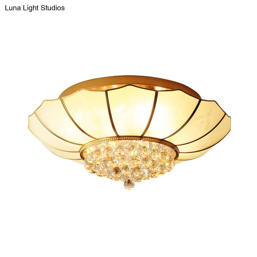 Gold Frosted Glass Umbrella Flush Light With Crystal Orbs