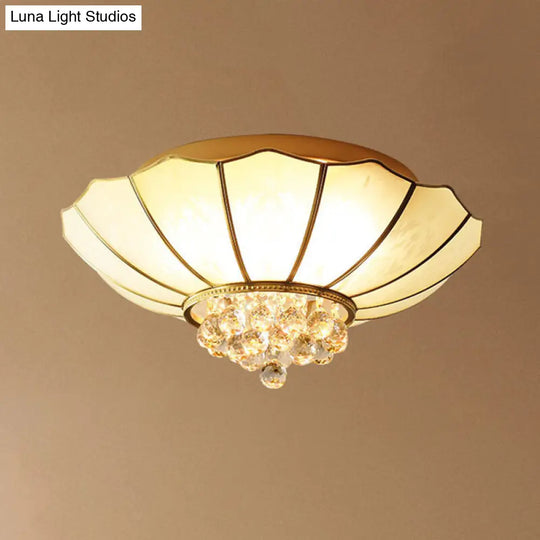 Gold Frosted Glass Umbrella Flush Light With Crystal Orbs