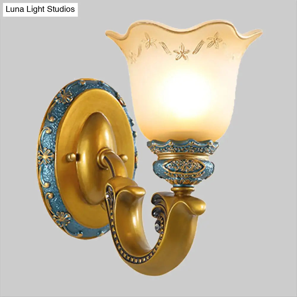 Gold Frosted Glass Wall Lamp With Printed Flower Design - 1-Bulb Mounted Lighting For Corridor