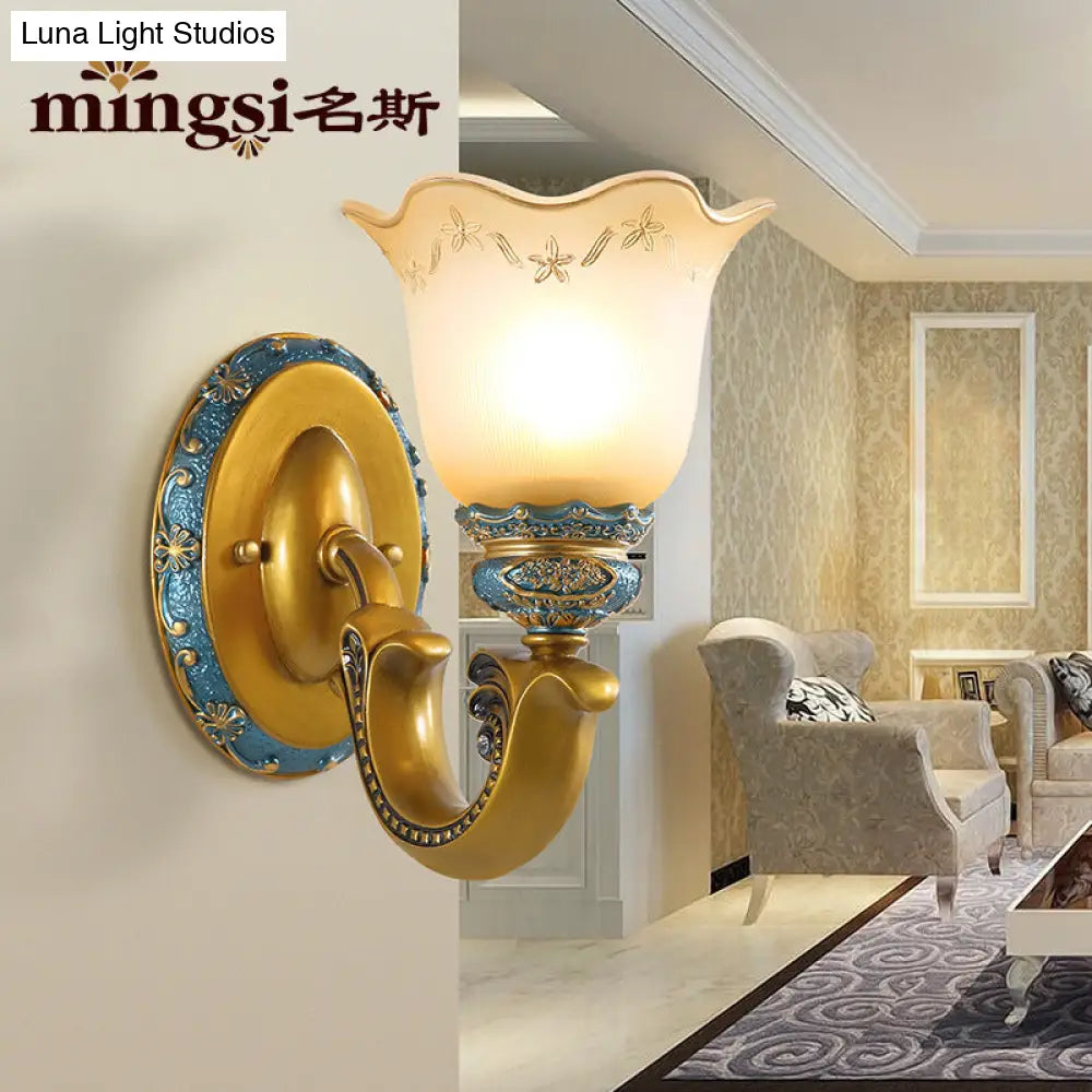 Gold Frosted Glass Wall Lamp With Printed Flower Design - 1-Bulb Mounted Lighting For Corridor