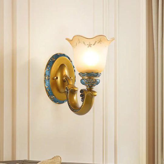 Gold Frosted Glass Wall Lamp With Printed Flower Design - 1-Bulb Mounted Lighting For Corridor