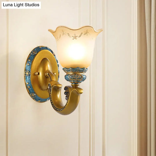 Gold Frosted Glass Wall Lamp With Printed Flower Design - 1-Bulb Mounted Lighting For Corridor