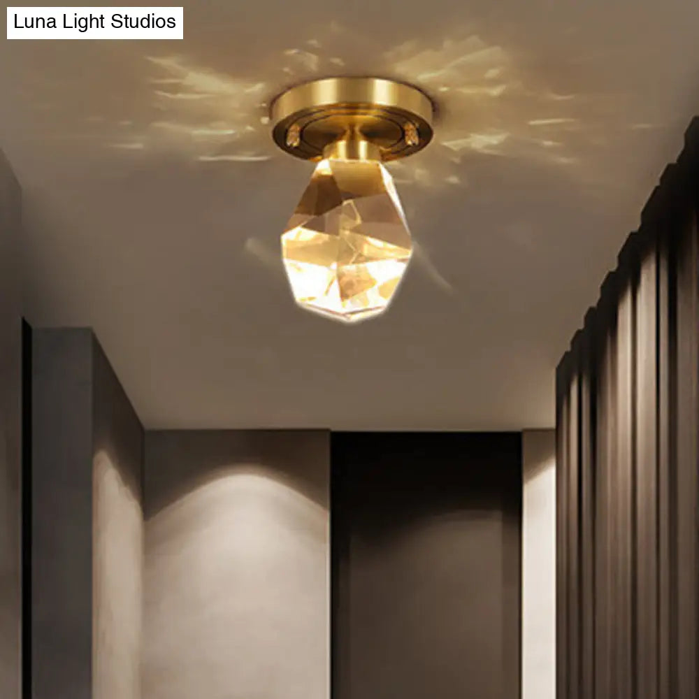 Gold Gem-Shaped Led Crystal Flush Mount Ceiling Light