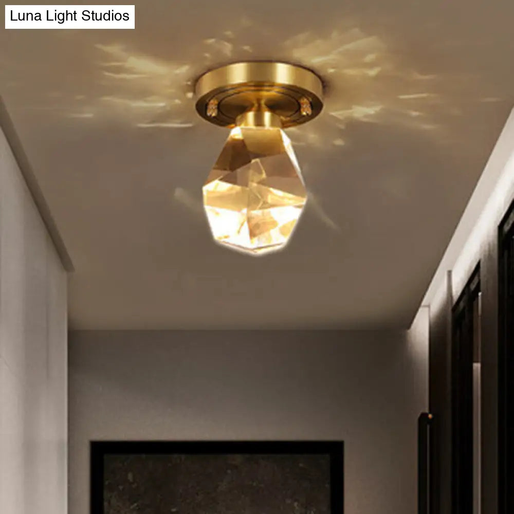 Gold Gem-Shaped Led Crystal Flush Mount Ceiling Light