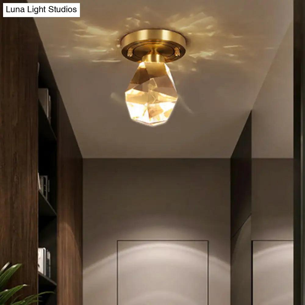 Gold Gem-Shaped Led Crystal Flush Mount Ceiling Light