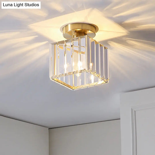 Gold Geometric Crystal Flush Mount Light For Hallways With 1 Bulb / Square Plate