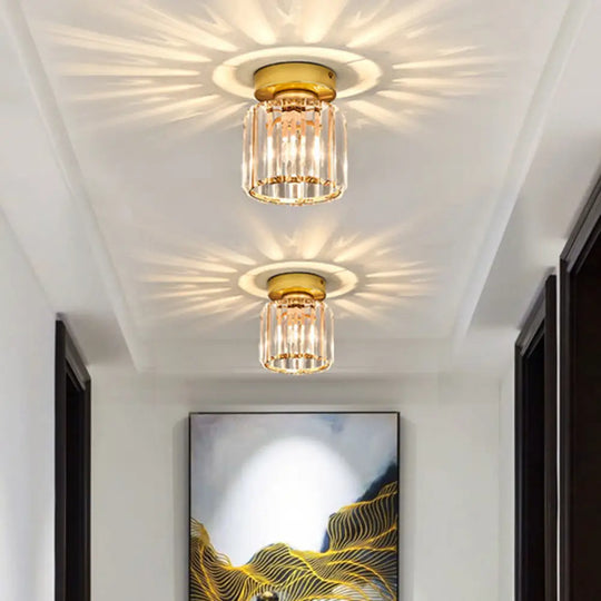 Gold Geometric Crystal Flush Mount Light For Hallways With 1 Bulb / Round