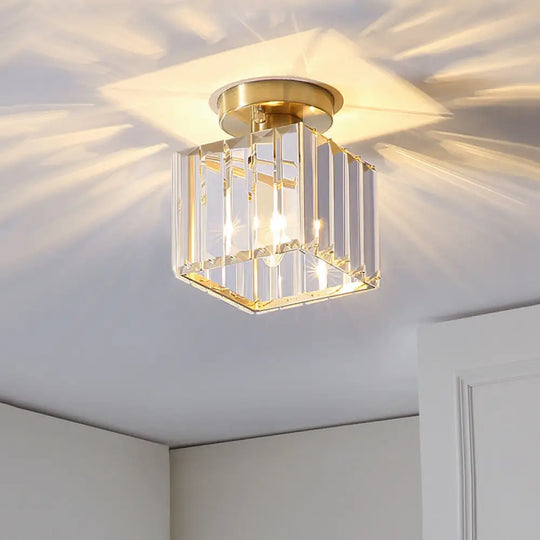 Gold Geometric Crystal Flush Mount Light For Hallways With 1 Bulb / Square Plate