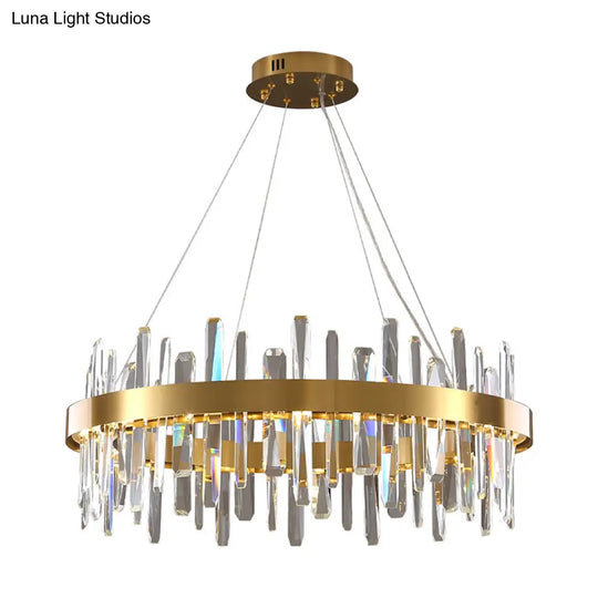 Gold Geometric Ring Led Ceiling Light With Faceted Crystal Chandelier