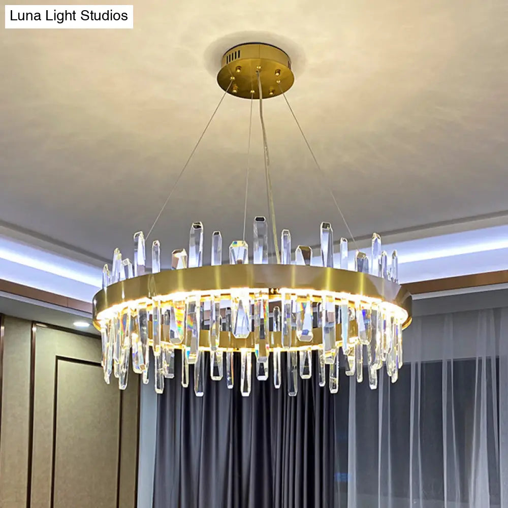 Gold Geometric Ring Led Ceiling Light With Faceted Crystal Chandelier