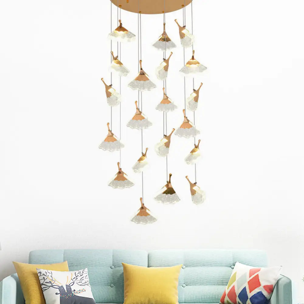 Gold Ginkgo Leaf Acrylic Pendant Light With 24 Suspended Heads For Stair Clusters