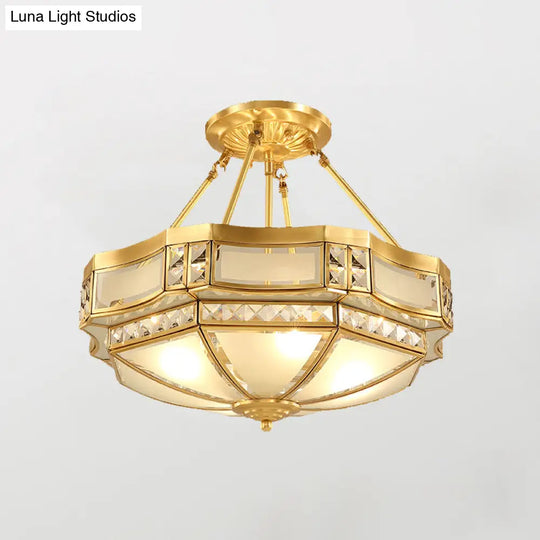 Gold Glass Flush Mount Lighting: Classic Bowl Shape For Bedroom Chandelier 3 / E