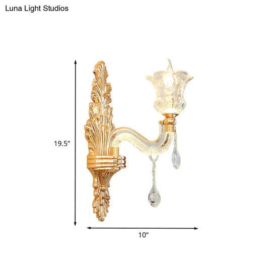 Gold Glass Sconce Light - Traditional Wall Mounted Lamp With Bubble Crystal Luminous Arm