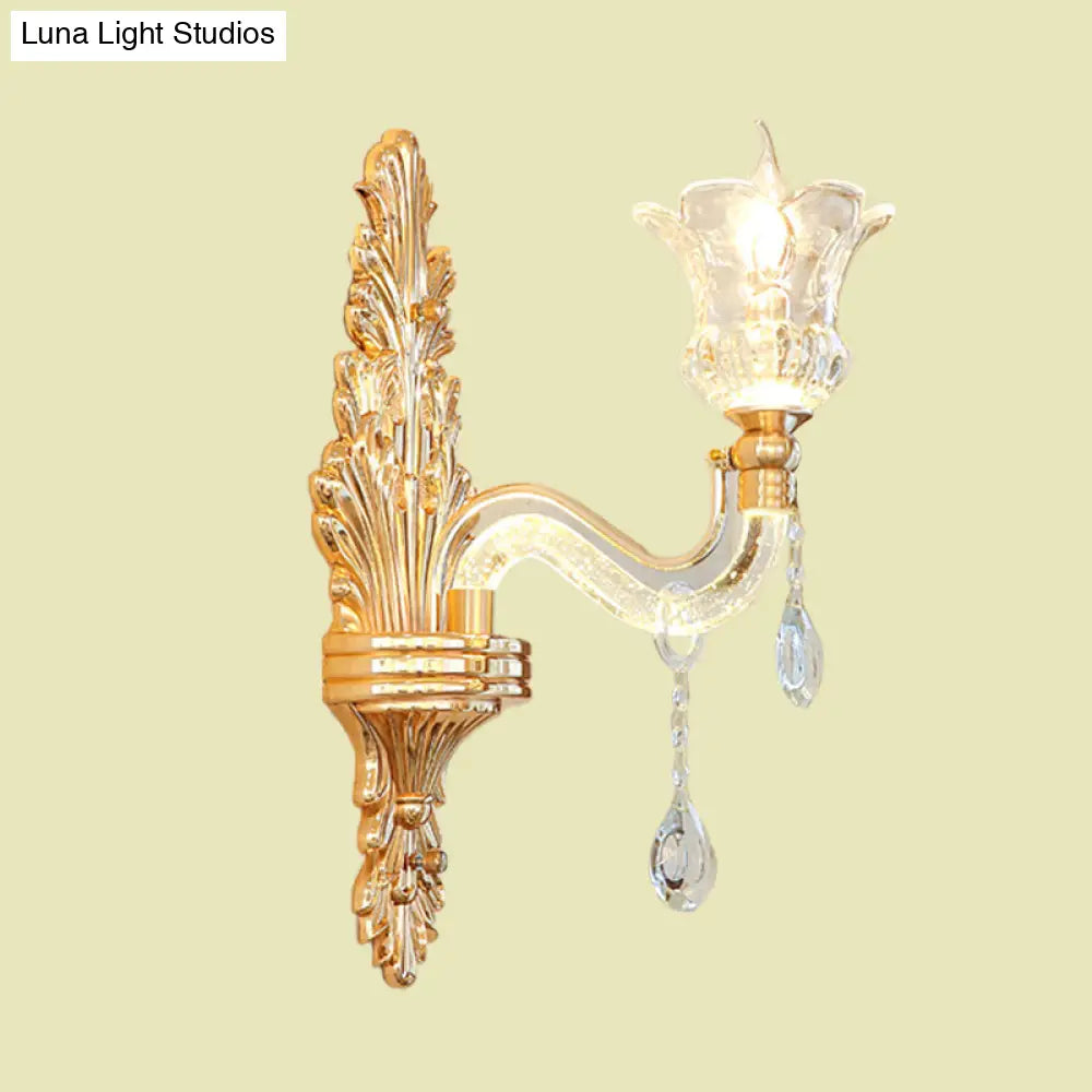 Gold Glass Sconce Light - Traditional Wall Mounted Lamp With Bubble Crystal Luminous Arm