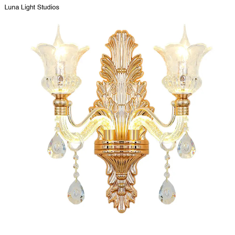 Gold Glass Sconce Light - Traditional Wall Mounted Lamp With Bubble Crystal Luminous Arm