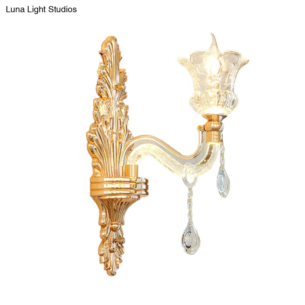 Gold Glass Sconce Light - Traditional Wall Mounted Lamp With Bubble Crystal Luminous Arm