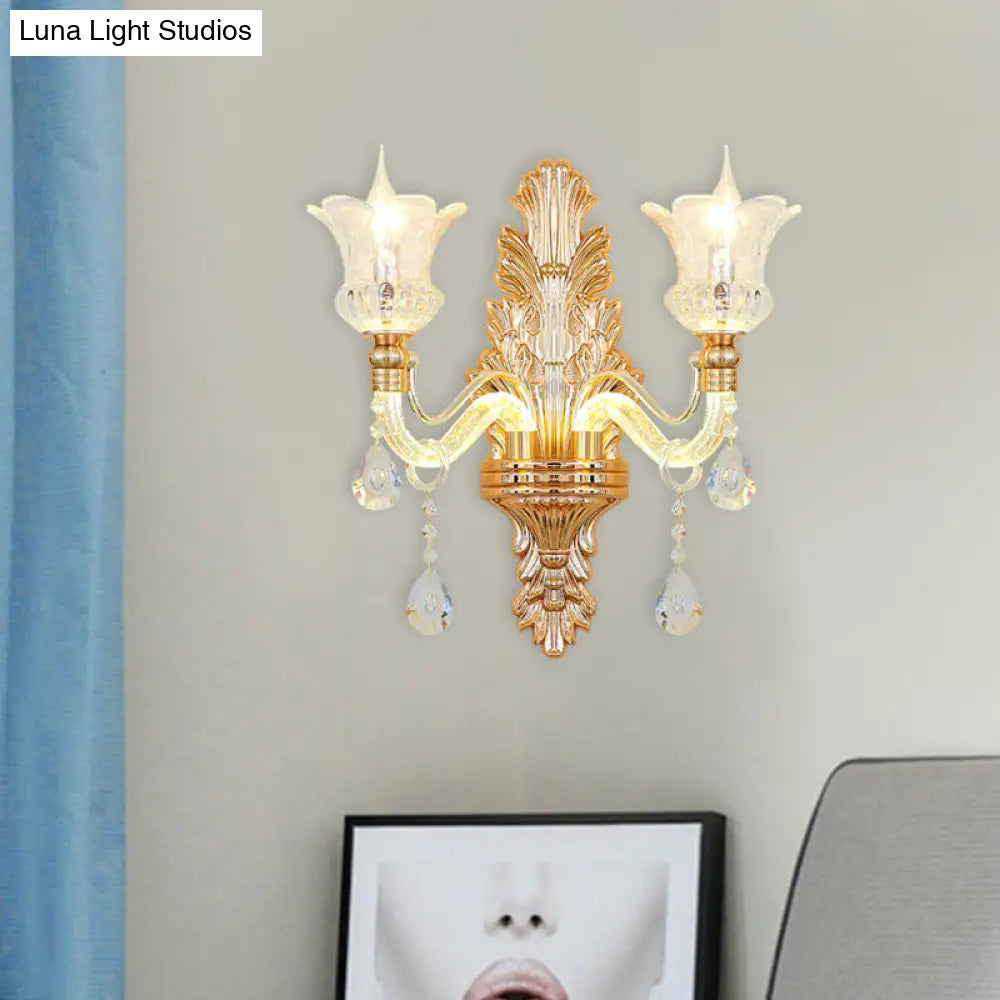 Gold Glass Sconce Light - Traditional Wall Mounted Lamp With Bubble Crystal Luminous Arm