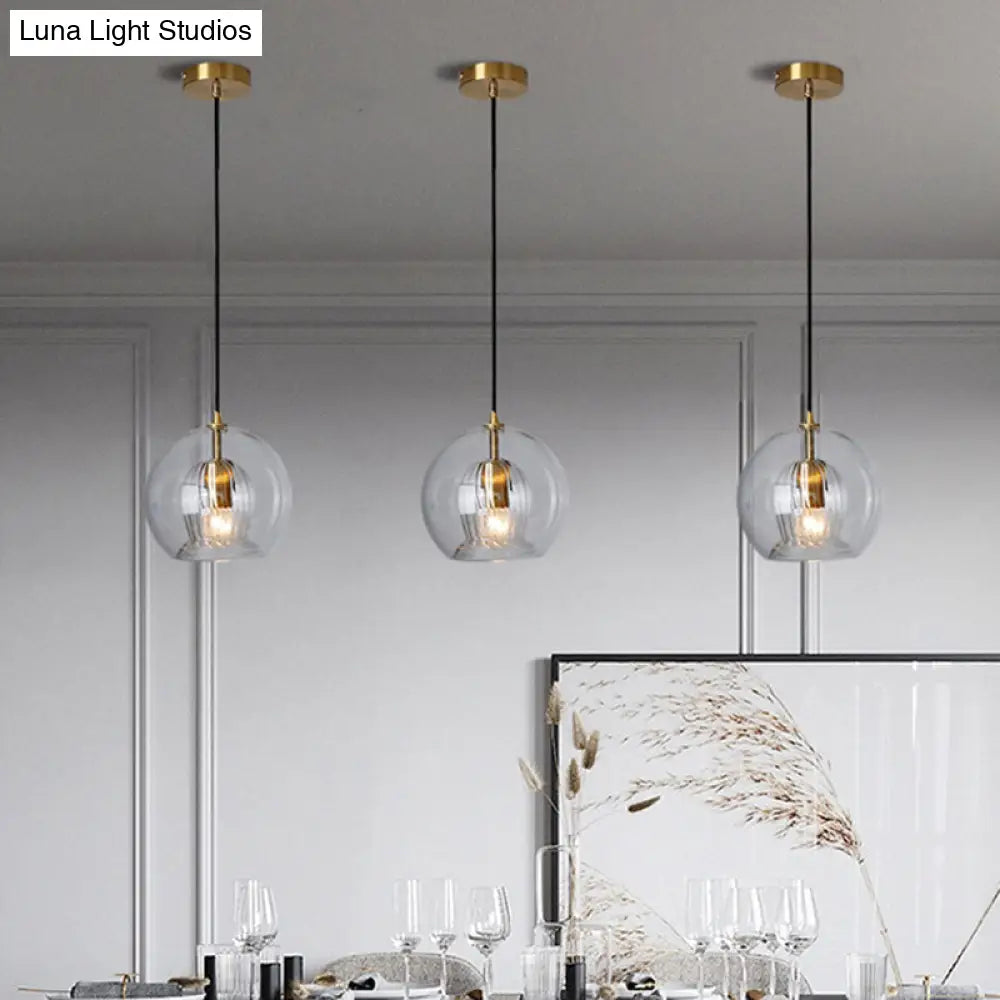 Gold Double Shade Hanging Light Clear Glass Pendant - Dining Room 1 Bulb 6/8 Wide