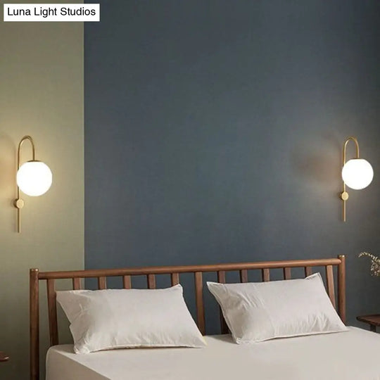 Gold Gooseneck Arm Wall Sconce With Cream Glass Globe - Postmodern 1-Bulb Lamp