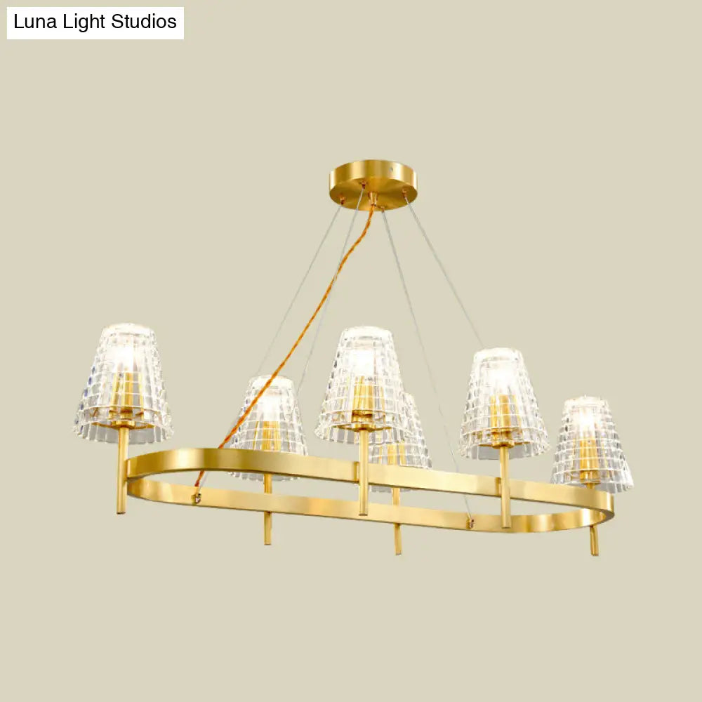 Gold Gridded Crystal Island Pendant Light With 6 Traditional Bulbs For Dining Room