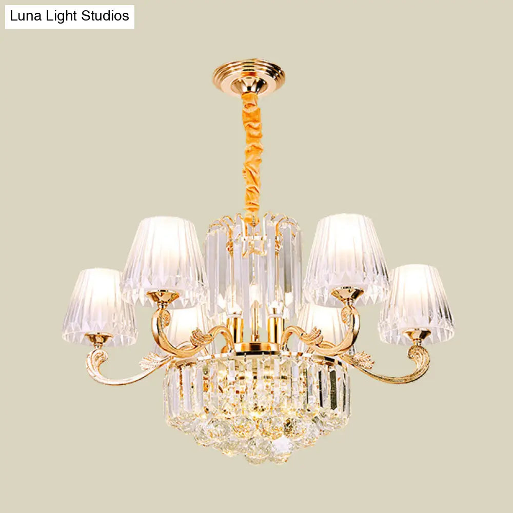 Contemporary 6-Light Gold Chandelier - Clear Crystal Barrel Pendant Ideal For Restaurants