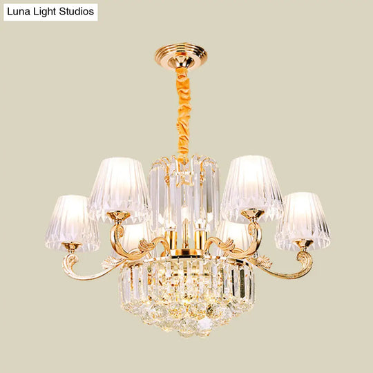 Contemporary 6-Light Gold Chandelier - Clear Crystal Barrel Pendant Ideal For Restaurants