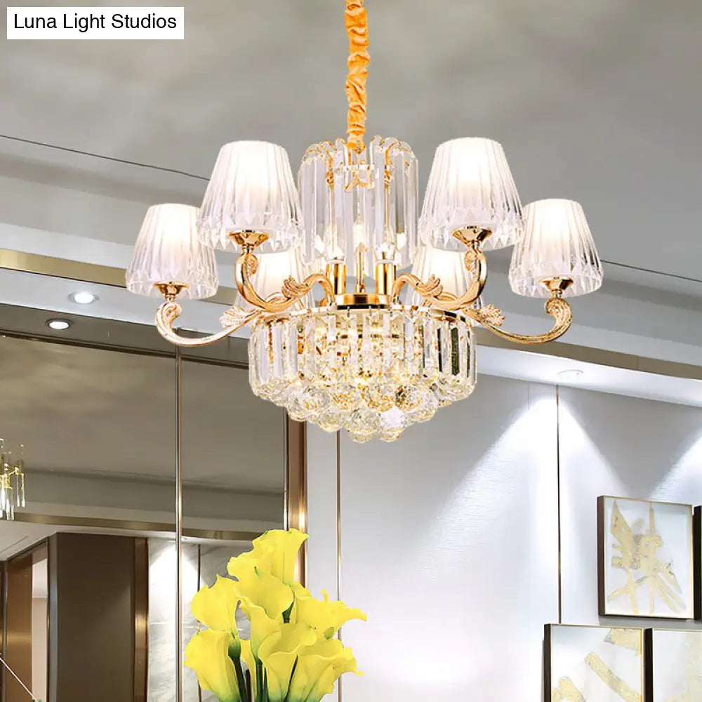 Contemporary 6-Light Gold Chandelier - Clear Crystal Barrel Pendant Ideal For Restaurants