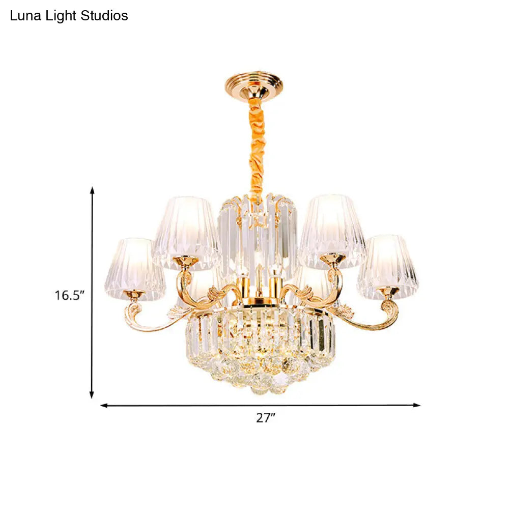 Contemporary 6-Light Gold Chandelier - Clear Crystal Barrel Pendant Ideal For Restaurants