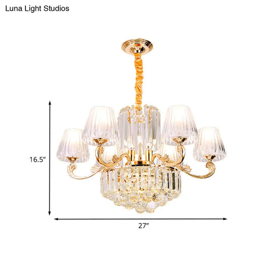 Contemporary 6-Light Gold Chandelier - Clear Crystal Barrel Pendant Ideal For Restaurants