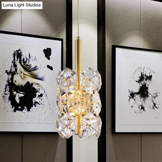 Gold Hexagonal K9 Crystal Cylinder Pendant Light - Sleek Simplicity For Bedroom 6-Bulb Hanging Lamp