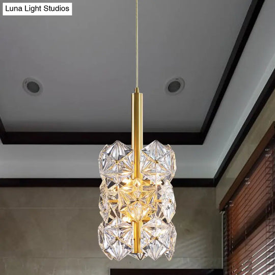 Gold Hexagonal K9 Crystal Cylinder Pendant Light - Sleek Simplicity For Bedroom 6-Bulb Hanging Lamp