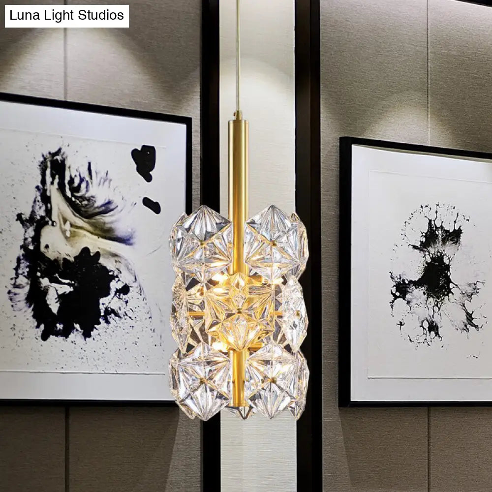 Gold Hexagonal K9 Crystal Cylinder Pendant Light: Simplicity 6-Bulb Hanging Lamp For Bedroom
