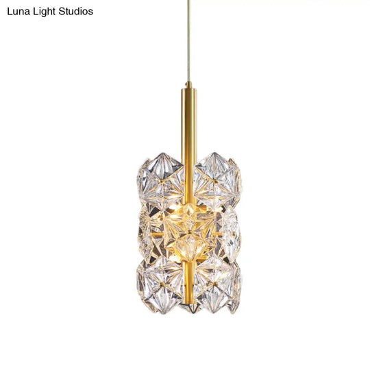 Gold Hexagonal K9 Crystal Cylinder Pendant Light - Sleek Simplicity For Bedroom 6-Bulb Hanging Lamp