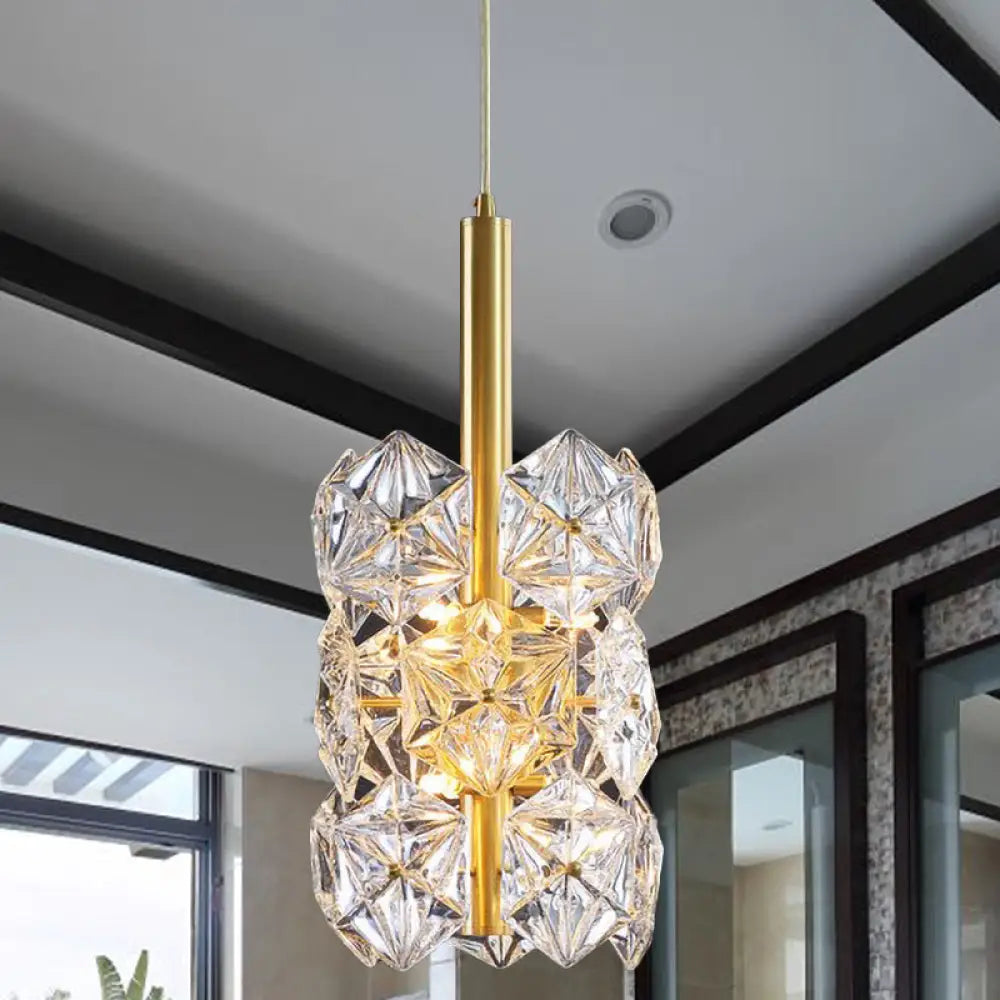 Gold Hexagonal K9 Crystal Cylinder Pendant Light - Sleek Simplicity For Bedroom 6-Bulb Hanging Lamp