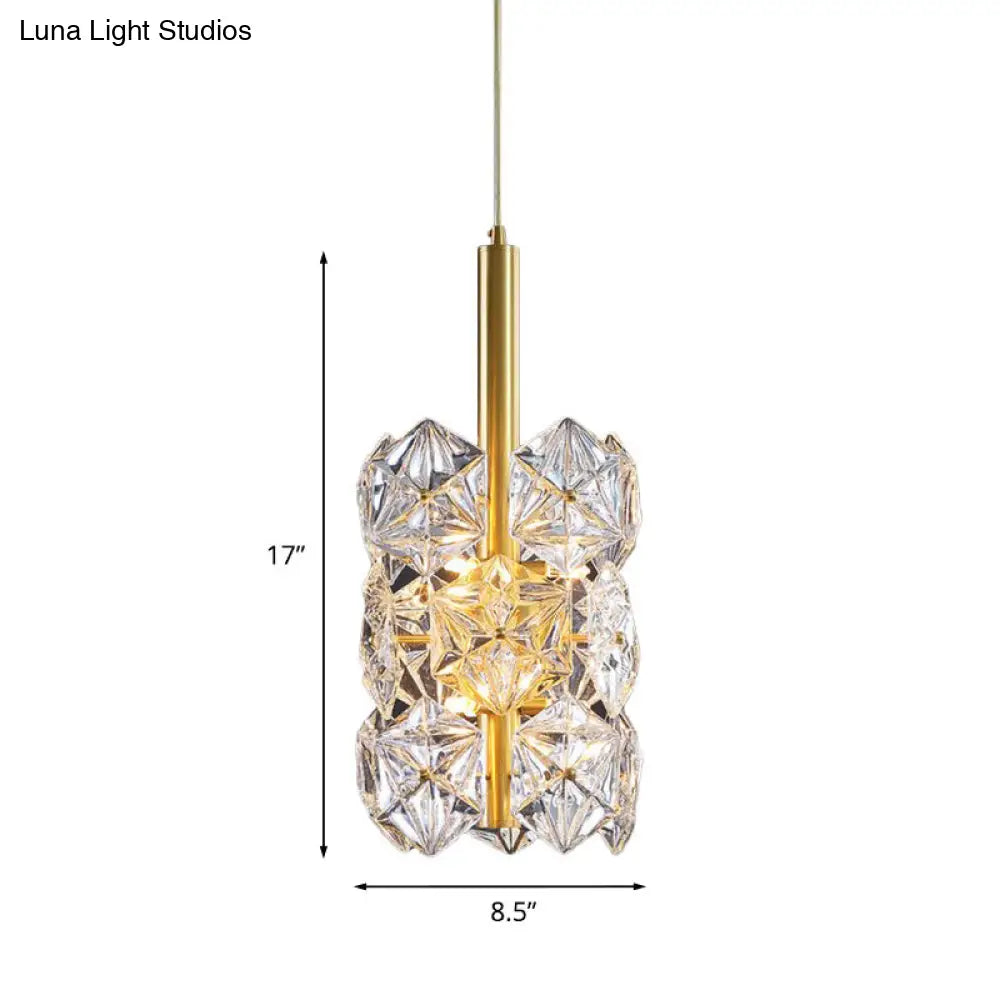 Gold Hexagonal K9 Crystal Cylinder Pendant Light: Simplicity 6-Bulb Hanging Lamp For Bedroom