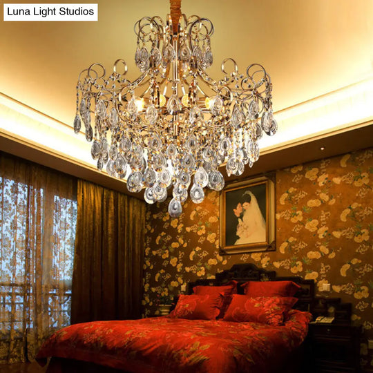 Industrial Gold Geometric Metal Chandelier Pendant Light With Crystal Teardrop Shade - 5/6/8 Bulbs