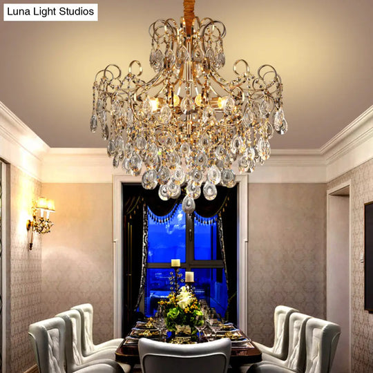 Gold Industrial Geometric Chandelier With Crystal Teardrop Shade - 5/6/8 Bulb Pendant Light