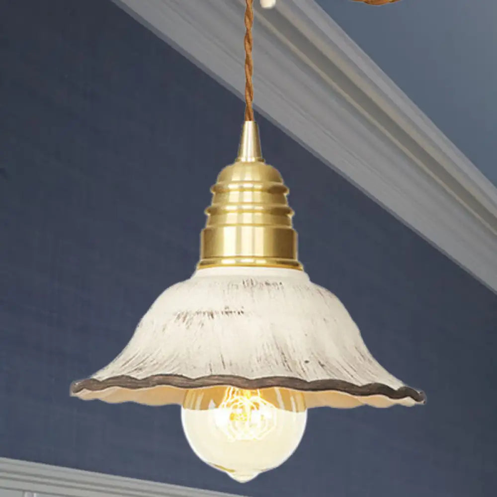 Gold Industrial-Style Scalloped Hanging Light Kit - 1 Head Ceramic Pendant Lamp Fixture