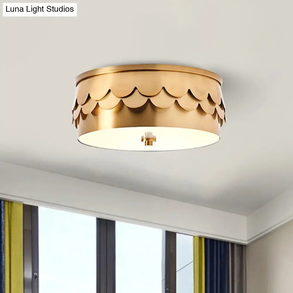 Gold Iron Drum Ceiling Light With Led And Ruffled Edge For Bedroom Mounting
