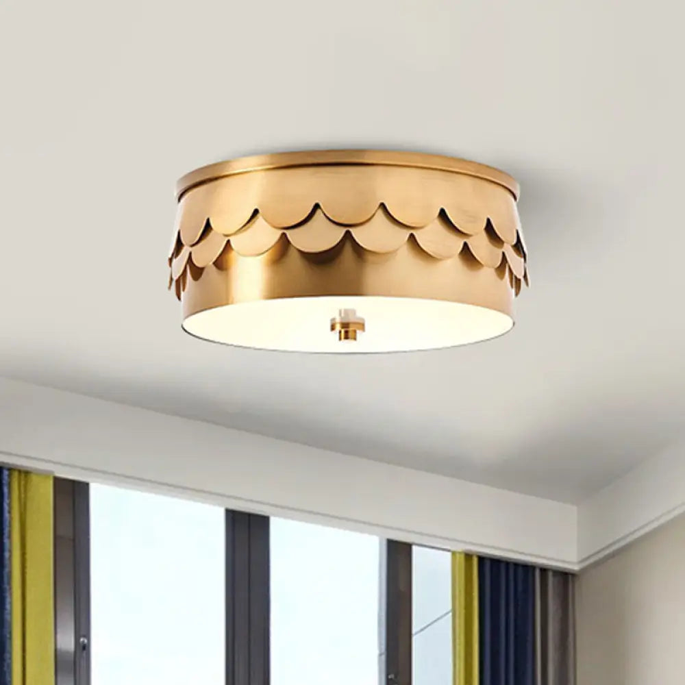 Gold Iron Drum Ceiling Light With Led And Ruffled Edge For Bedroom Mounting
