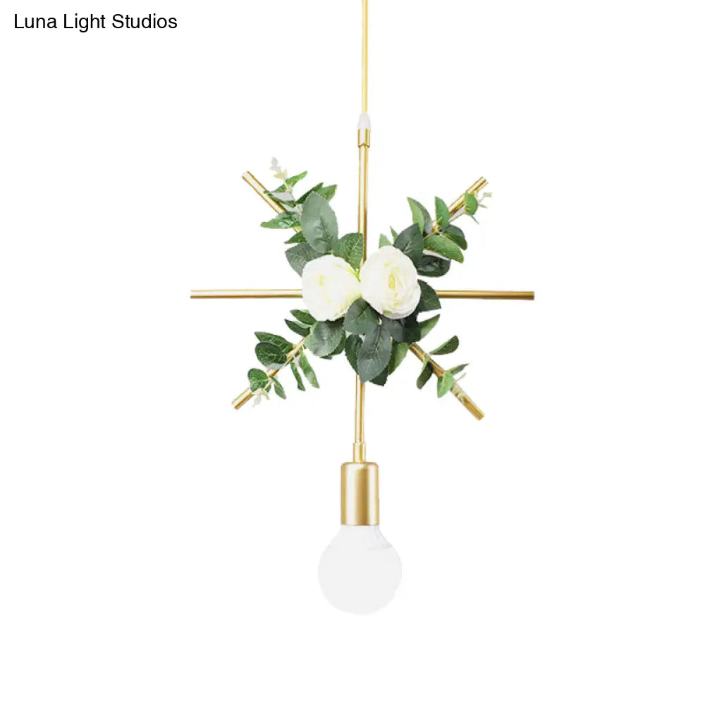 Gold Iron Rectangle/Round Frame Pendant Light With Artificial Bloom Deco - Stylish Suspended