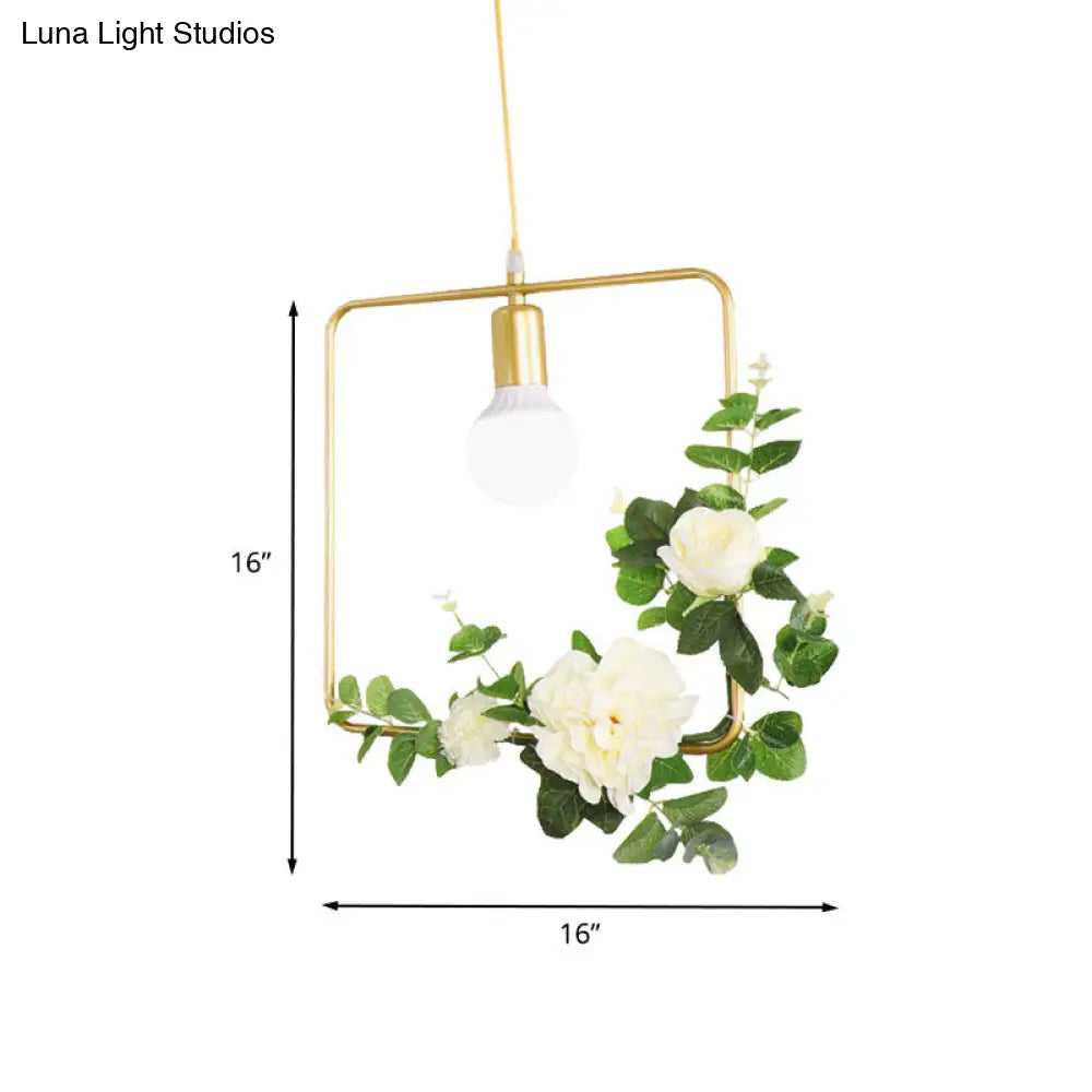 Gold Iron Warehouse Pendant Light With Artistic Deco - Rectangle/Round Frame 1 Head For Living Room