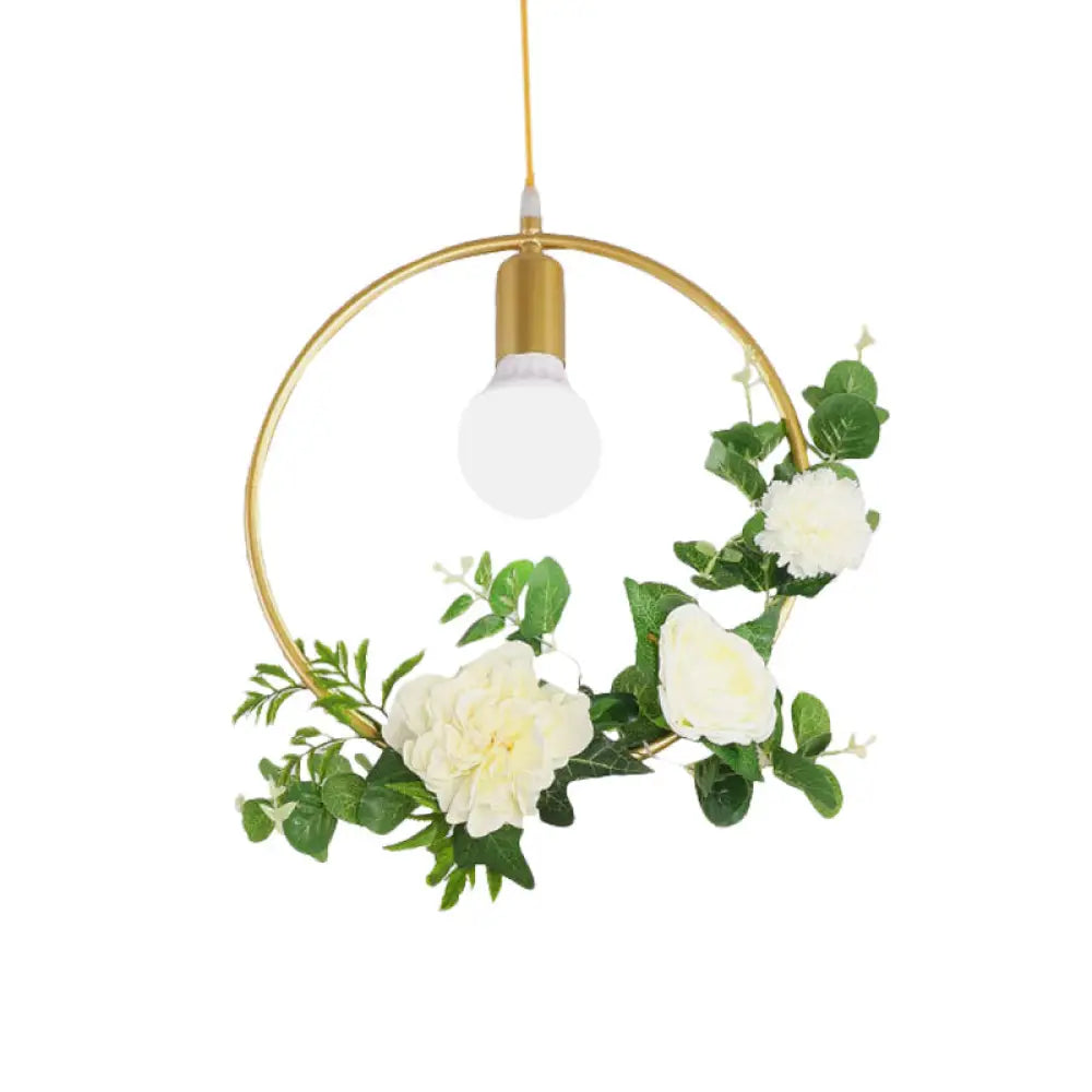 Gold Iron Rectangle/Round Frame Pendant Light With Artificial Bloom Deco - Stylish Suspended