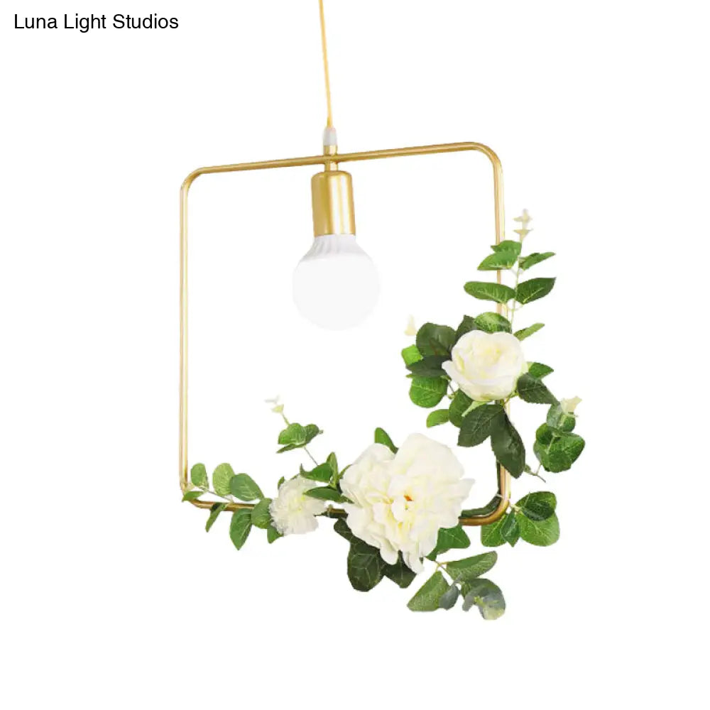 Gold Iron Warehouse Pendant Light With Artistic Deco - Rectangle/Round Frame 1 Head For Living Room